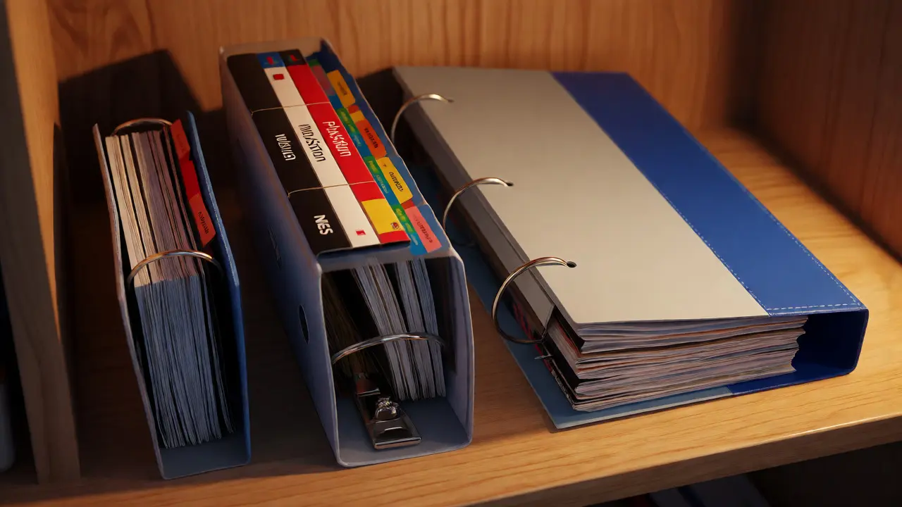 Three binders of varying sizes organized on a shelf for game manuals